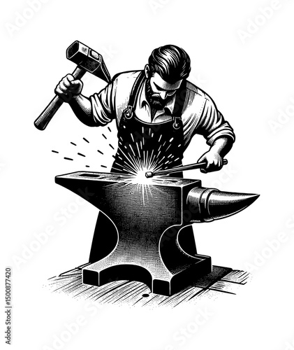 A Blacksmith Hitting a Hot Metal Bar on an Anvil with a Hammer in Black and White Engraving