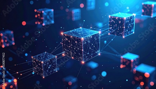 Connected cubes floating in digital space, nodes linked by lines. Networked structure against a dark blue background