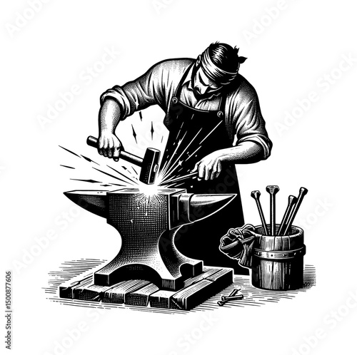 Blacksmith at Work with Hammer and Anvil in Detailed Engrave Illustration Style with Sparks