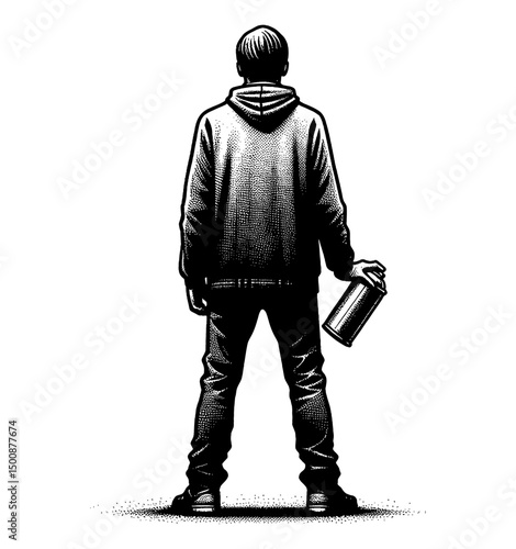 Man Standing Back View Holding Spray Paint Can in Black and White Vector Illustration