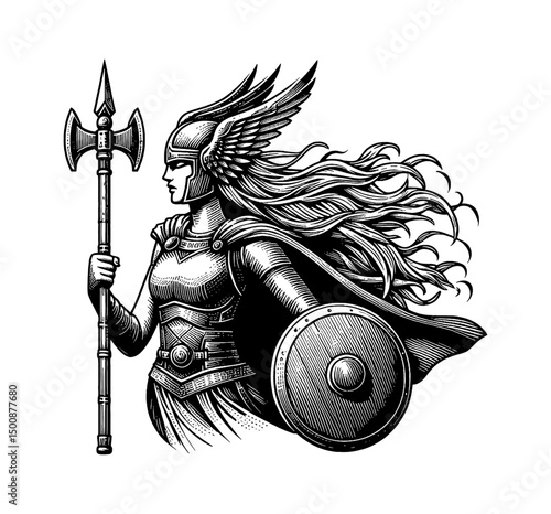 Illustration of a Viking Woman Warrior with Axe, Shield, Helmet, and Armor in Black and White Detailed Engraving Style