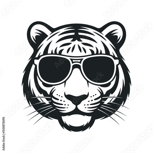 Cool Tiger Head Wearing Sunglasses Vector Illustration Black and White