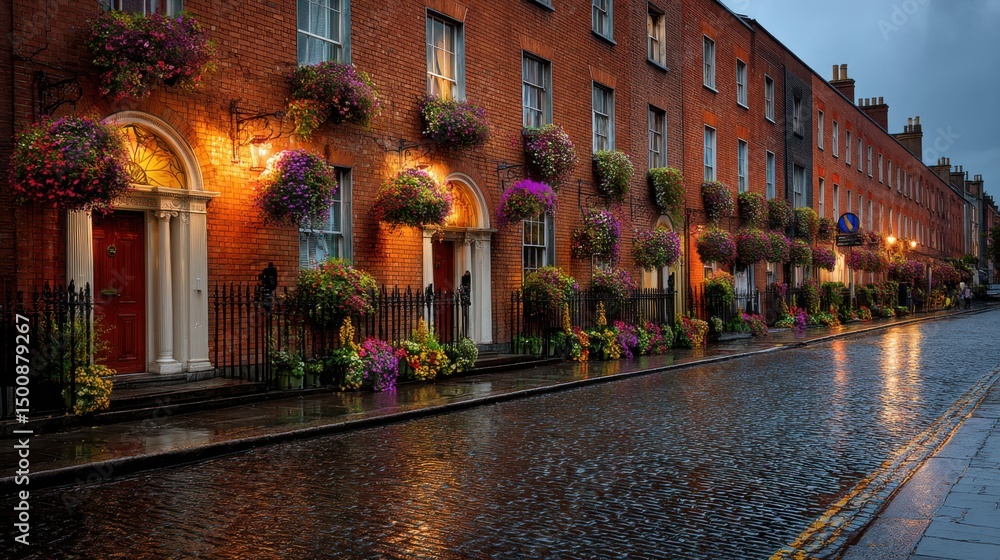 Fototapeta premium Georgian architecture with flower baskets adorns red brick facades on a wet cobblestone street