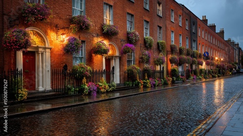 Georgian architecture with flower baskets adorns red brick facades on a wet cobblestone street