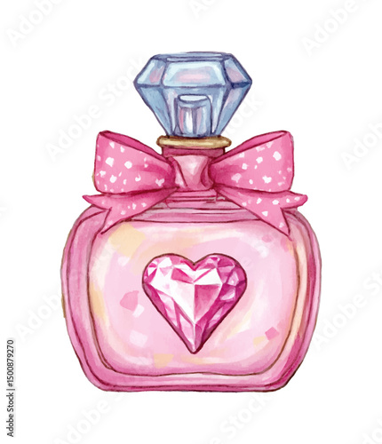 Watercolor Illustration of a Pink Perfume Bottle with a Diamond Stopper and Bow