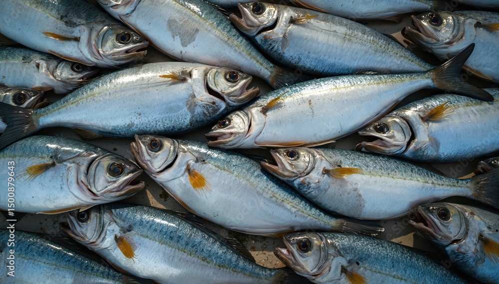 Obraz premium Freshly caught dorades arranged pattern. Gilthead bream fish close-up. Seafood preparation, healthy meal ingredient. Mediterranean cuisine, cookery. Ocean freshness texture food. Ideal for restaurant