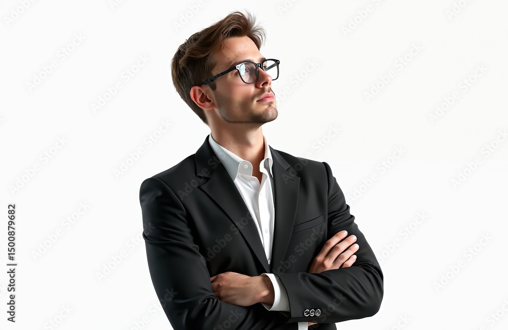Young caucasian businessman in black suit with glasses deep in thought. Man looks up, arms crossed, contemplating idea. Business person with confident expression stands isolated against white Young caucasian businessman in black suit with glasses deep in thought. Man looks up, arms crossed, contemplating idea. Business person with confident expression stands isolated against white