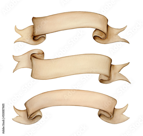 Set of watercolor banners and ribbons isolated on a white background