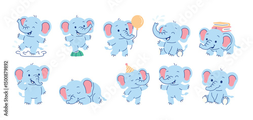 Cute Elephant Character Mascot Jumping, Dancing, Reading, Playing, and Sleeping