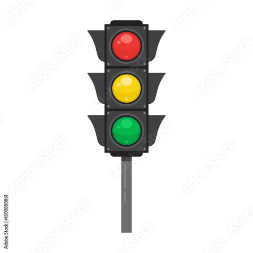 vector Illustration of Traffic Signal with Red, Yellow, and Green Lights on White Background