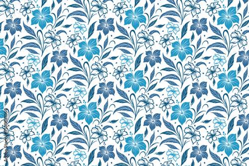 delicate blue seamless flower design, minimalist cotton sketch illustration, line art fabric print, home and tabletop textile

