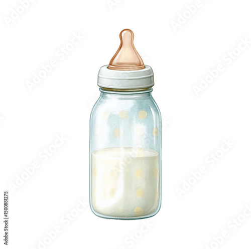 Isolated Watercolor Baby Bottle with Milk and Polka Dots on Transparent Glass Container