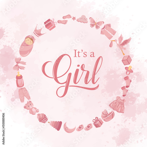Circular pink new born frame with cute baby flat illustrations