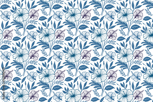 blue flower outline textile repeat, single line cotton drawing design, seamless surface for clothing, tote bags and wallpaper

