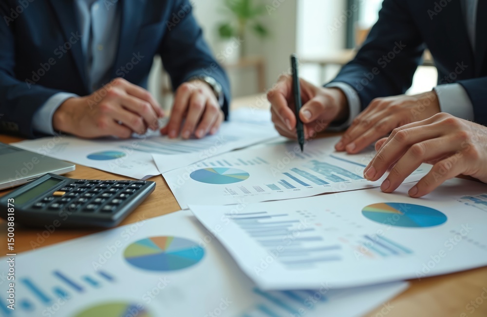 Business team analyze financial charts data in meeting. Colleagues review company budget plan. Business people discuss financial data with pen. Teamwork corporate meeting concept. Business team analyze financial charts data in meeting. Colleagues review company budget plan. Business people discuss financial data with pen. Teamwork corporate meeting concept.