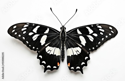 Striking close-up captures zebra longwing butterfly. Black, white striped wing pattern set against white background. Perfect for nature eco concepts. Stunning macro details shows insect. Symbolic of