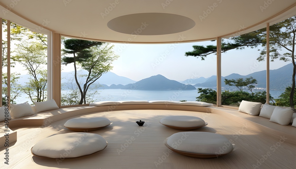 Obraz premium Panoramic view of a tranquil, modern interior space with expansive windows.