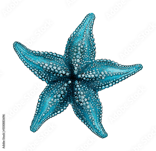 Detailed Illustration of a Blue Starfish with Bumpy Texture on a White Background Overhead Shot