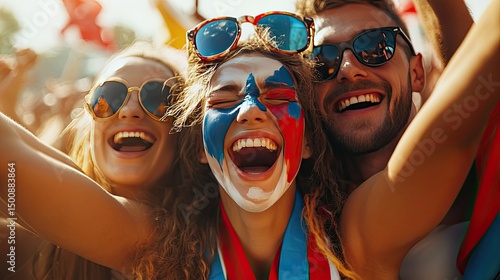 A group of enthusiastic female fans celebrating at a sporting event, wearing red shirts and face paint in the colors of England's flag.
