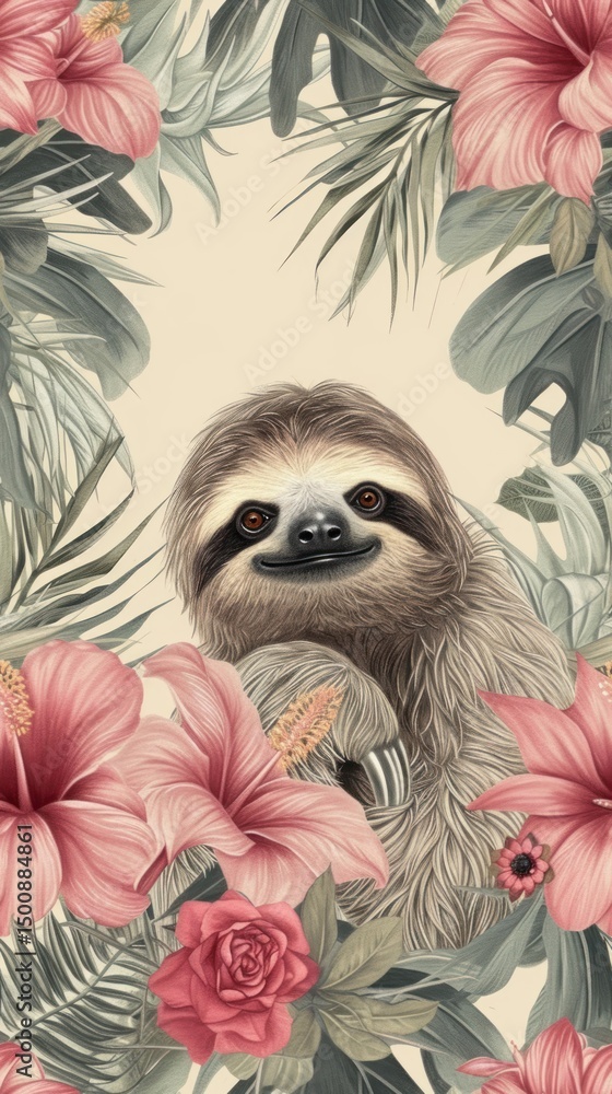 Obraz premium Realistic vintage drawing of sloth flower wildlife animal.