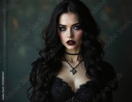 Portrait beautiful gothic vampire queen with dark makeup. Young woman with black hair, dark lipstick posing in cinematic style. Fantasy illustration, female model, halloween photo.