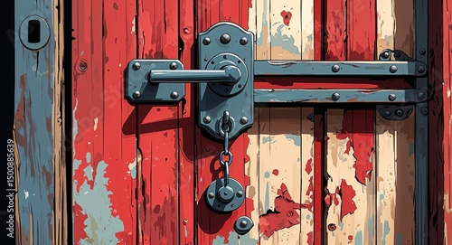 Barn door latch mounted on a weathered door with peeling red paint anime cartoon illustration design