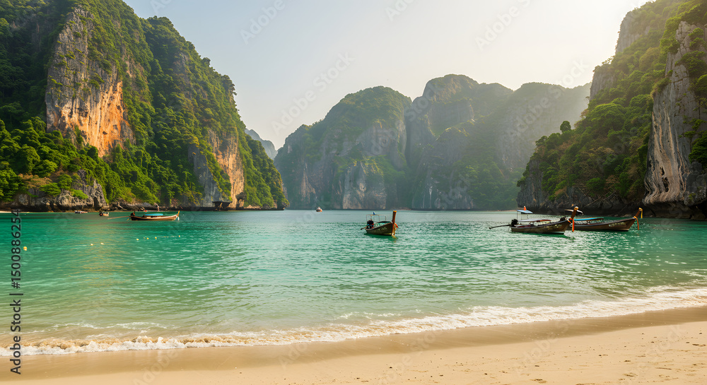 Obraz premium Tranquil Thailand Shoreline with Cliffs and Green Water PNG
