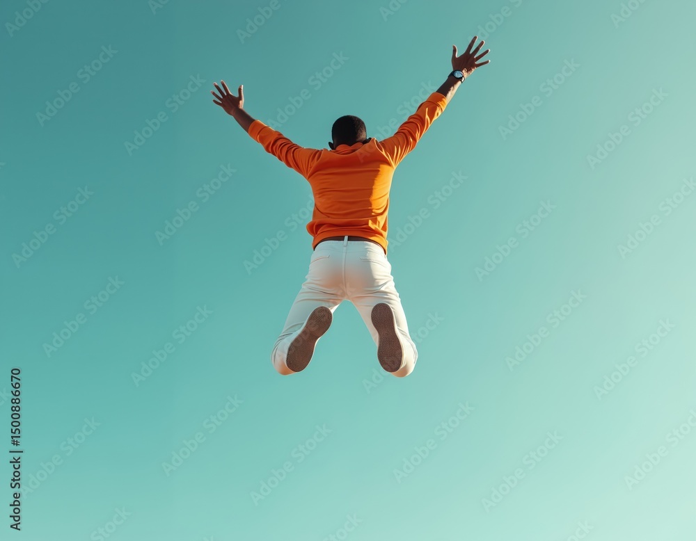 Fototapeta premium Happy man jumps against blue sky. View from behind. Joyful person in orange shirt and white pants shows freedom. Concept of happiness, success, victory, active lifestyle.