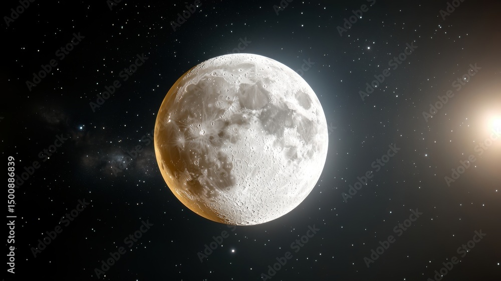 Obraz premium Detailed Full Moon in Deep Space with Stars and Distant Sun moon space stars sun full moon night sky