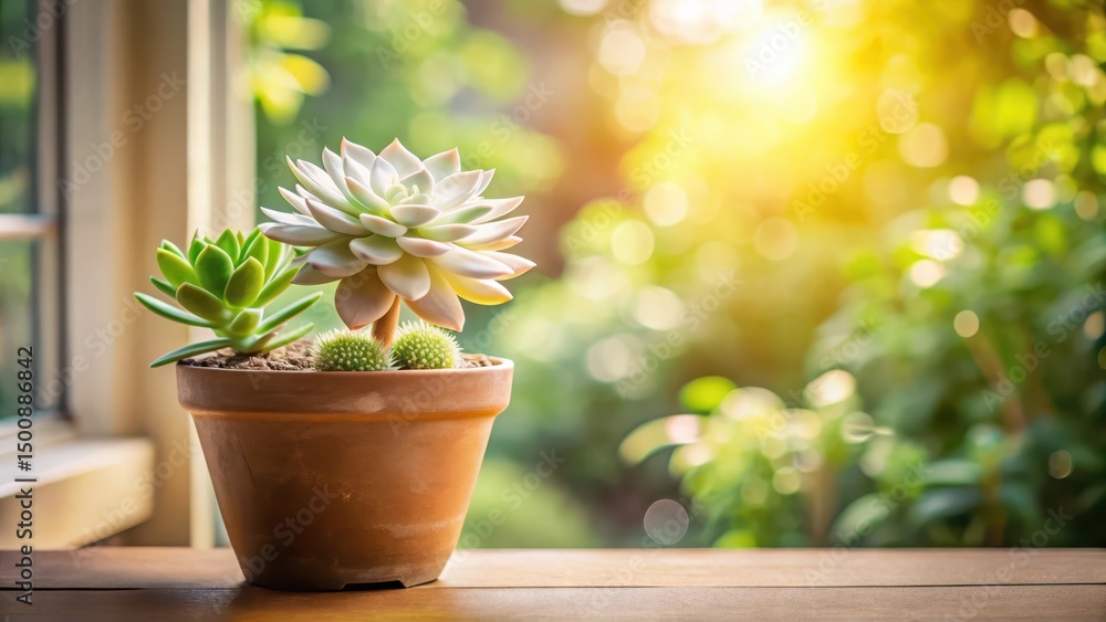 Sunlit Succulents in Terracotta Pot on Wooden Surface Sunlit Succulents in Terracotta Pot on Wooden Surface