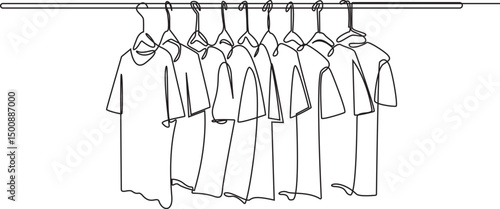 Continuous line drawing of set of men's t-shirts hanging.one line drawing of shop selling men's t-shirts. single line vector illustration of men's t-shirt clothing. website, Ecommerce, 