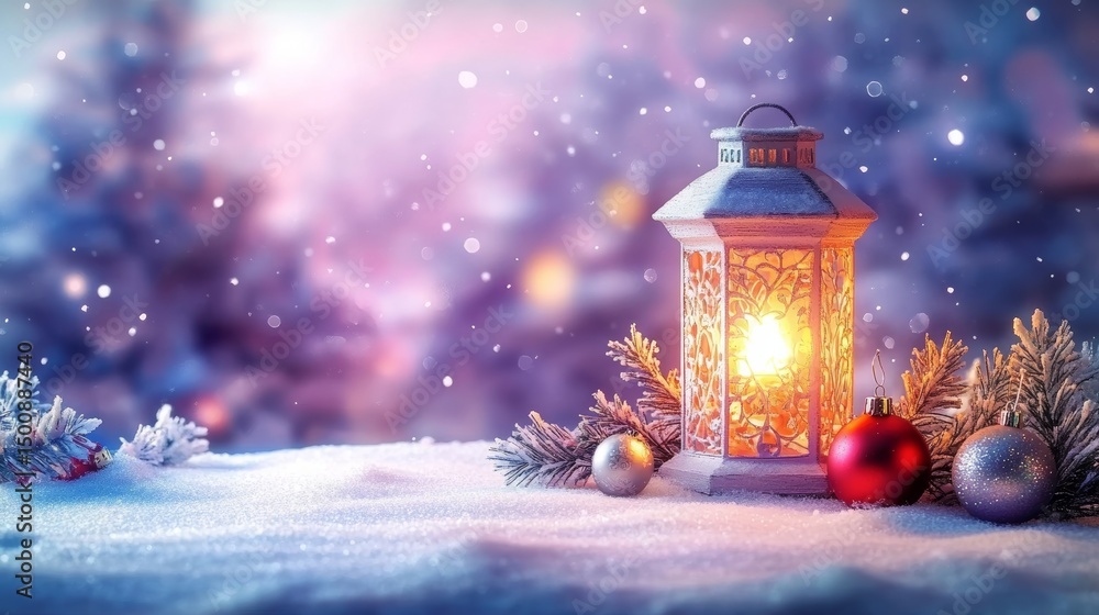 Glowing Christmas Lantern With Ornaments And Snowflakes On Dreamy Purple Winter Background. Glowing Christmas Lantern With Ornaments And Snowflakes On Dreamy Purple Winter Background.
