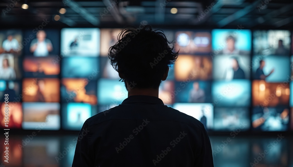 Person observes numerous screens displaying various visuals, creating intrigue about tech, media. Concept of technology in modern world, digital information flow, communication, entertainment. Person observes numerous screens displaying various visuals, creating intrigue about tech, media. Concept of technology in modern world, digital information flow, communication, entertainment.