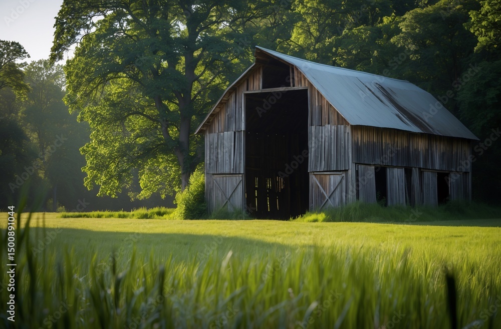 Obraz premium rustic wooden barn surrounded by lush greenery in tranquil countryside setting