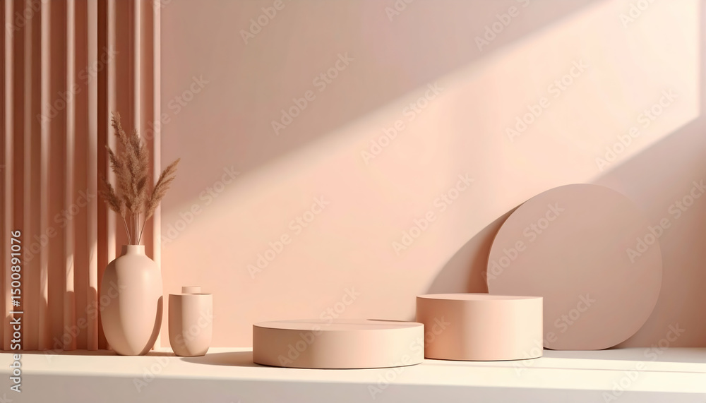 Minimalist Product Display with Pastel Pink Cylinders and Dried Flowers Minimalist Product Display with Pastel Pink Cylinders and Dried Flowers