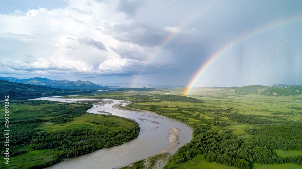 Obraz premium Spectacular Double Rainbow Over Winding River Valley river rainbow valley winding landscape nature