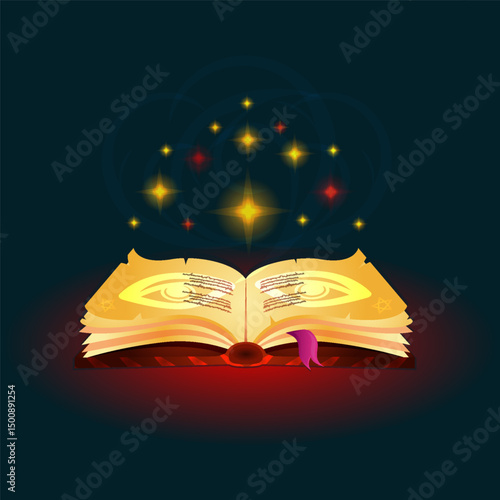 The magic book. The process of activating the spell. Vector illustration in cartoon style