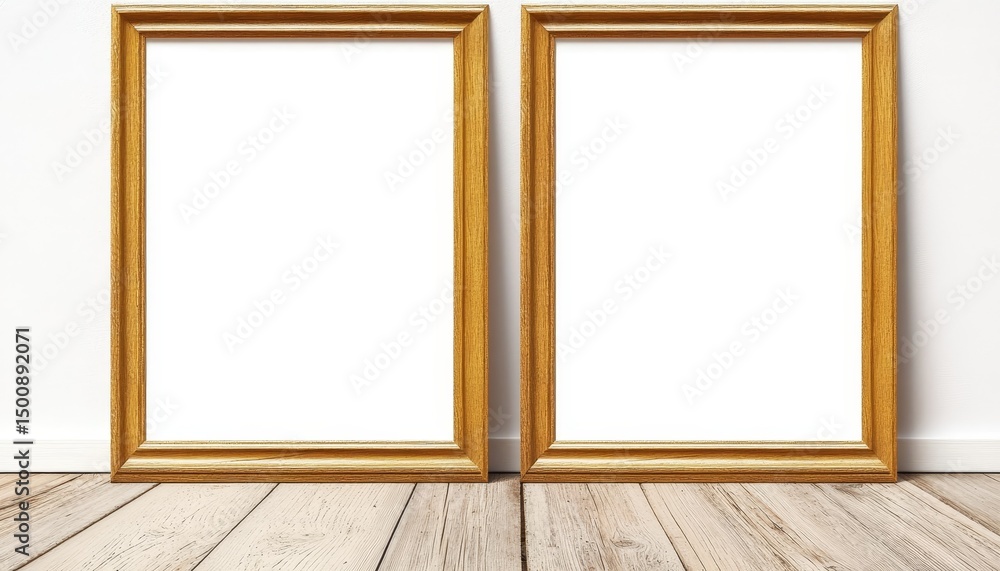 Fototapeta premium Two Blank Gold Frames on a Wooden Floor, Minimalist Home Decor Concept, Mockup for Design