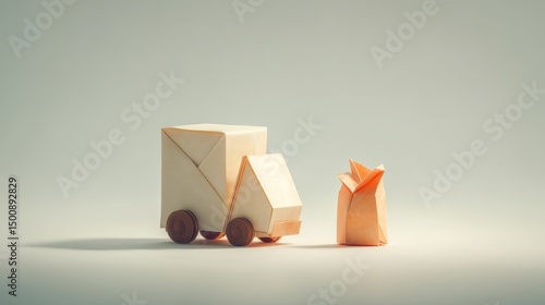 Origami Paper Truck and Boxes in Minimalist Style on White Background