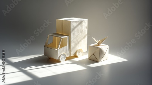 Minimalist Paper Truck and Box with Soft Light Background