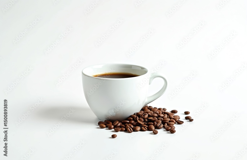White ceramic coffee mug with hot black coffee, roasted brown coffee beans on white backdrop. Morning drink concept, caffeine for energy, relax break time. White ceramic coffee mug with hot black coffee, roasted brown coffee beans on white backdrop. Morning drink concept, caffeine for energy, relax break time.
