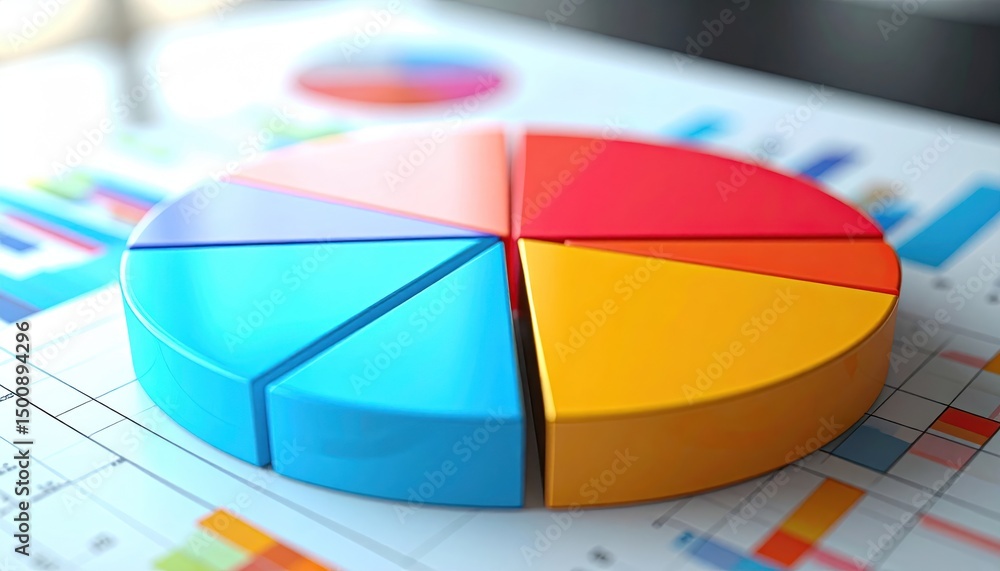 Obraz premium Colorful pie chart rendered above graphs with blue, orange, red, and pink sections