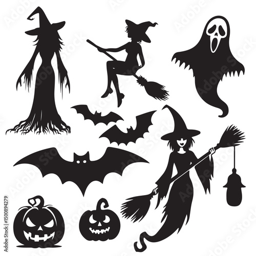 Collection of Halloween silhouettes. Haunted house, creepy tree, flying witch, pumpkins, halloween ghost, owl, coffin lid etc illustration design 