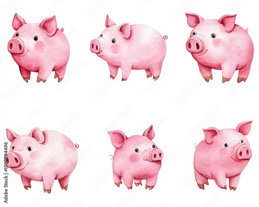 Cute Cartoon Pigs in Various Poses and Expressions for Illustrations Cute Cartoon Pigs in Various Poses and Expressions for Illustrations