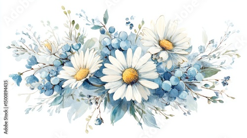 Beautiful Floral Arrangement of White Daisies and Blue Berries