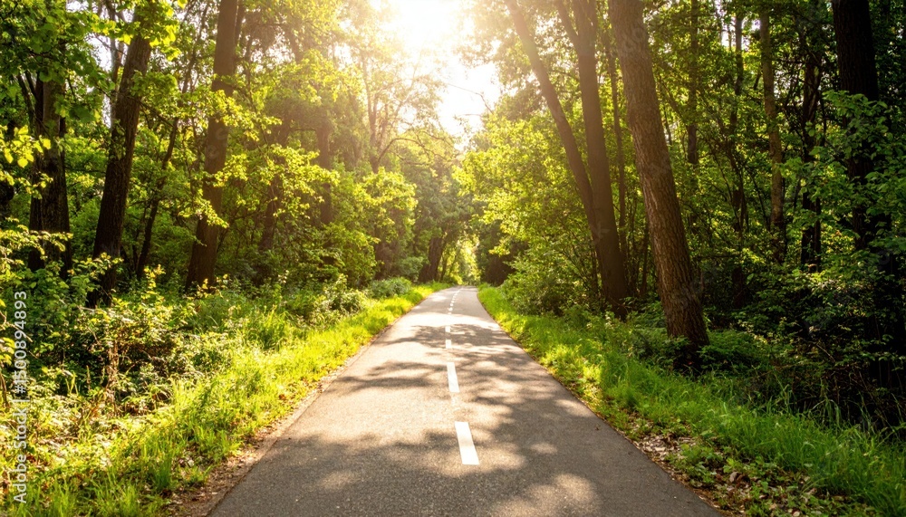 Fototapeta premium Forest road through dense trees, sunlight shining through. White line divides the asphalt path