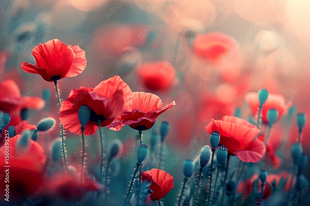 Obraz premium Beautiful red poppies blooming in the field at sunset