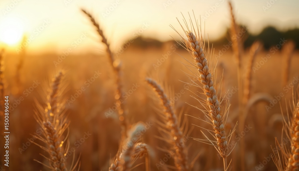 Wheat field at sunset. Close-up golden wheat ears against blurred background. Agriculture, harvest, farming concepts. Food supply, bakery ingredients, eco farming, organic products. Wheat field at sunset. Close-up golden wheat ears against blurred background. Agriculture, harvest, farming concepts. Food supply, bakery ingredients, eco farming, organic products.