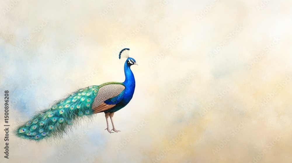 Fototapeta premium Vibrant Peacock Displaying Feathers Against Soft Background