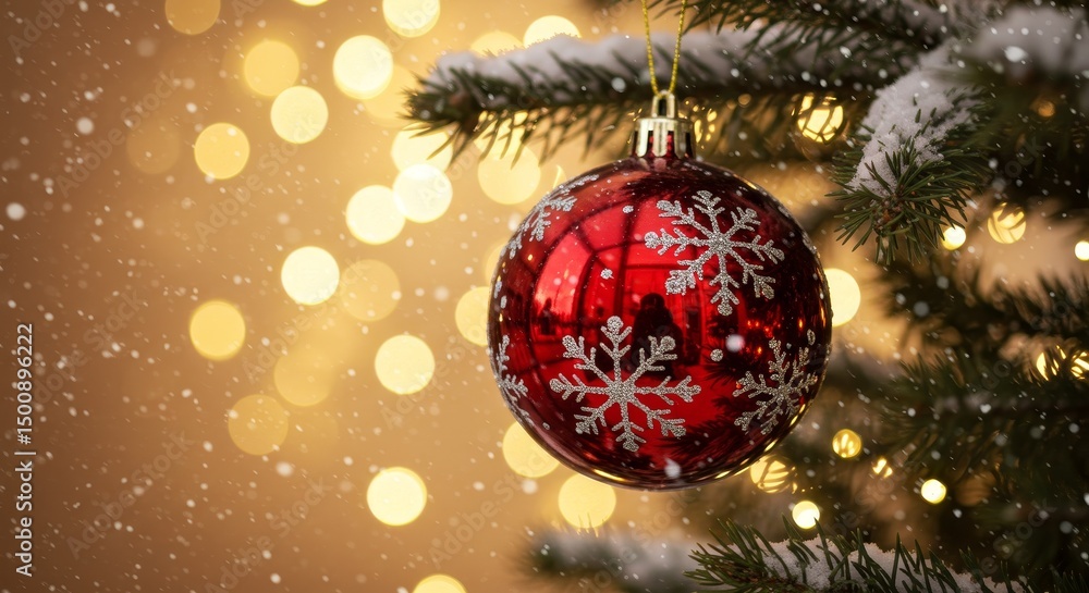 Photo of Red Christmas Ornament with Snow and Bokeh Lights Festive Background Photo of Red Christmas Ornament with Snow and Bokeh Lights Festive Background